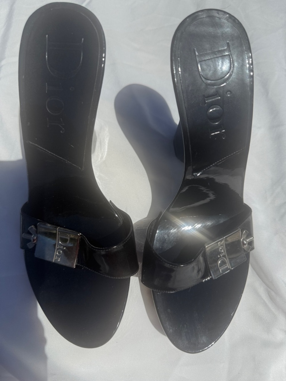 Dior Black Patent Slide Mules with Silver Logo Buckle